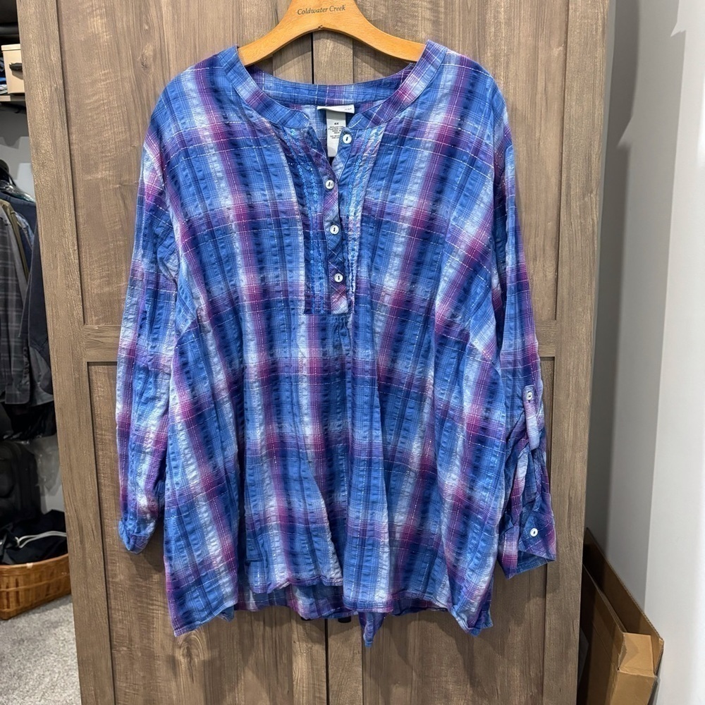 Catherines‎ 4X Popover Top Plaid Blue Purple Metallic Thread Roll Tab Sleeves
